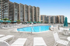 Ein Hotelpoolbereich mit mehreren Liegestühlen und Sonnenschirmen, umgeben von Hochhäusern.