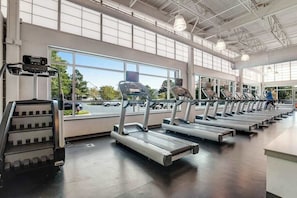 Un gimnasio con cintas de correr, escaladora y ventanas amplias.