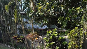 A garden with a brick fire pit and wooden benches. - Sting-ray Cottage - Staynest Guesthouse (Port Edward)
