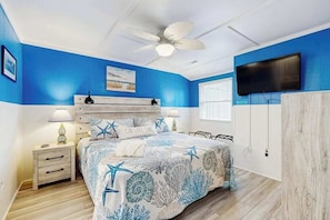 A bedroom with a bed, nightstands, a ceiling fan, a TV, and a window with blinds.