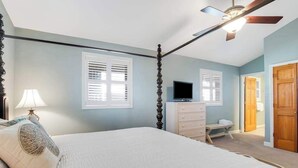 A bedroom with a bed, dresser, TV, and a ceiling fan. - Town of Bethany Beach Home Near Fun Activities & Adventures w/Free WiFi & WD (Bethany Beach)