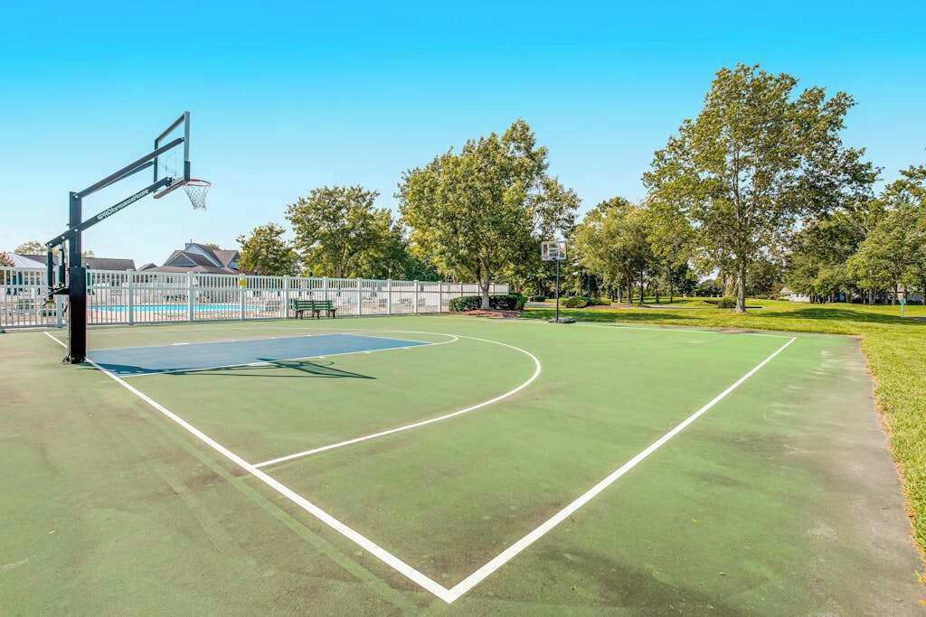 A basketball court with a hoop, surrounded by a fence and trees.