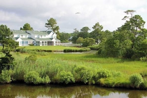 A large house with a green roof, surrounded by lush greenery and a pond.