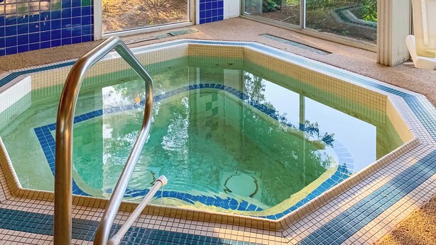 Piscina con borde de azulejos, escalera metálica y vistas al exterior a través de amplias ventanas.