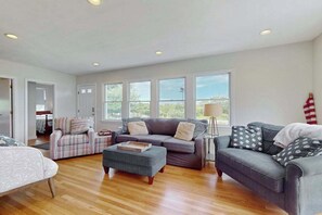 TV, offices - Oceanview Buzzards Bay getaway w/ wraparound deck - steps to the Beach (Bourne)