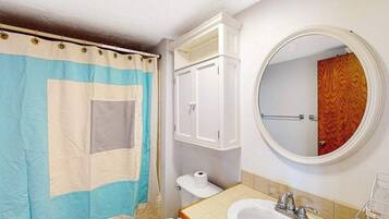 A bathroom with a shower curtain, a toilet, a sink, a mirror, and a cabinet.