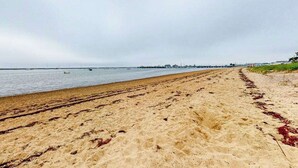 En strand med sandet bredde, en mole i det fjerne og en overskyet himmel.