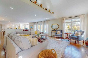 TV, fireplace, table football, offices - Sprawling dog-friendly lake estate with pool, patio, fire pit, games, & views (Barnstable)