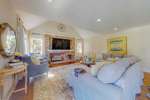 TV, fireplace, table football, offices - Sprawling dog-friendly lake estate with pool, patio, fire pit, games, & views (Barnstable)