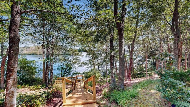 Un puente de madera que conduce a un muelle sobre un lago, rodeado de árboles.
