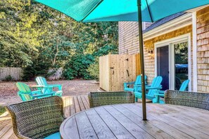 Outdoor dining - Modern home in a great location with large yard & private patio (West Tisbury)