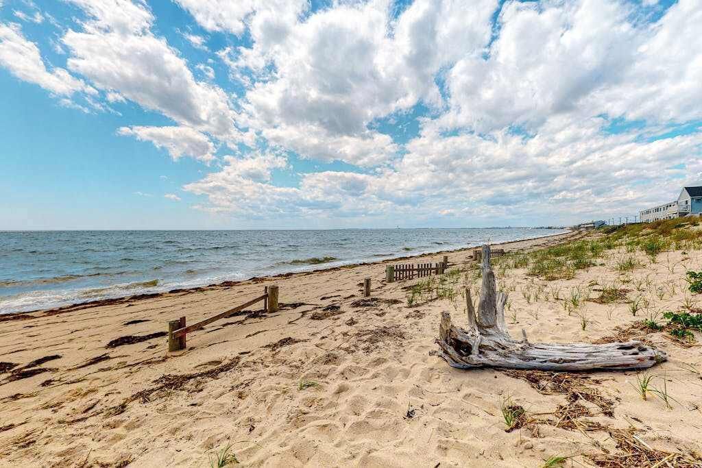 A beach with a wooden fence, driftwood, and a building in the background.
