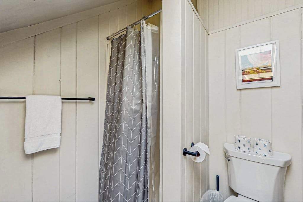A bathroom with a shower curtain, a towel rack, a toilet, and a framed picture on the wall.