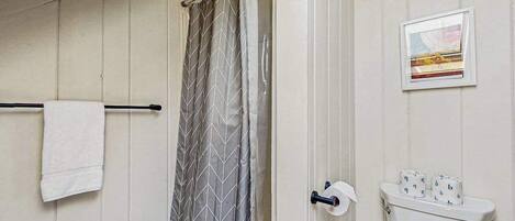 A bathroom with a shower curtain, a towel rack, a toilet, and a framed picture on the wall.