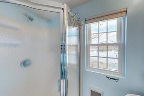 Shower, towels - Stunning home on the bay with fantastic views, central AC, W/D, & water access (Pocasset)
