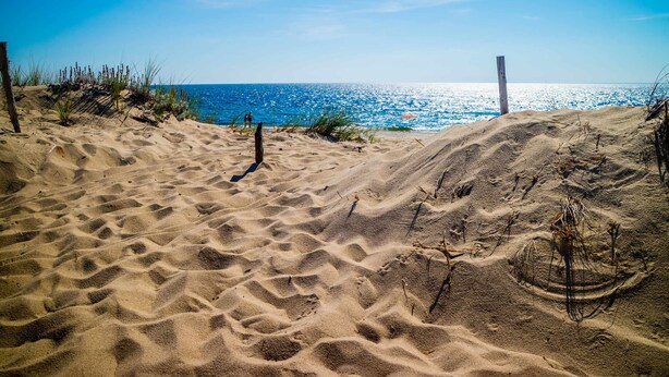 A sandy beach with a clear view of the ocean. - Sleek, modern home with central AC - steps to private beach & near trail (Dennis Port)