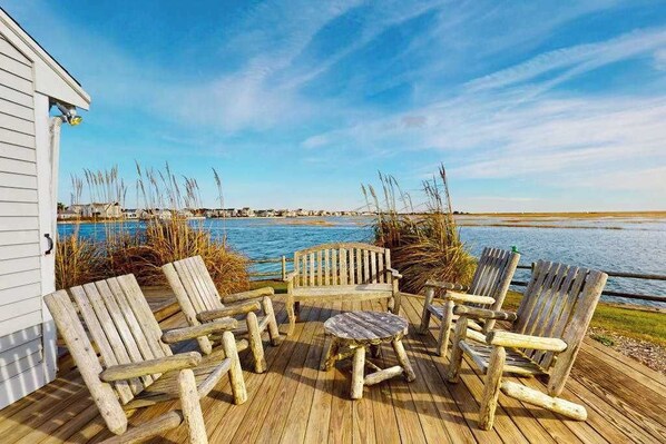 Terrace/patio - Stunning waterfront home with furnished deck, dock & majestic views - dogs OK (West Dennis)