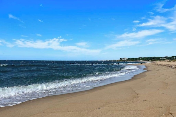 Une plage avec des vagues, un ciel dégagé et des bâtiments qui se dessinent à l’horizon.