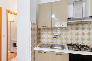 Une cuisine équipée d’une cuisinière à gaz, d’un évier et d’un lave-linge, le tout visible au fond de la pièce.