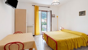 Una stanza con un letto, un tavolo, sedie, una televisione, una finestra con tende e un termosifone.