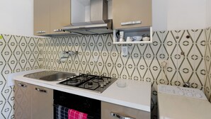 Cucina dotata di piano cottura a gas, lavello in acciaio inox e cappa aspirante. Sono presenti mobili e uno scaffale con utensili da cucina.