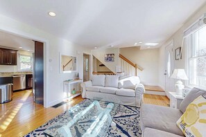 TV, fireplace, offices - Spacious home close to Peters Pond Beach with porch, AC, W/D, & water view (Sandwich)