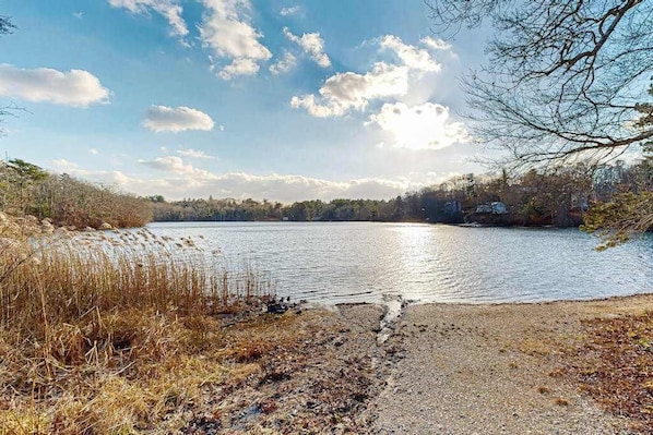 A lake with a gravel path leading to the water, surrounded by trees and a clear sky.