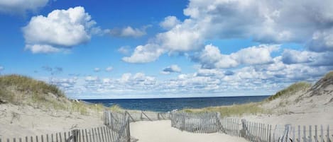Un sentier de sable qui longe la plage et mène à l’océan, avec une clôture en bois de chaque côté.