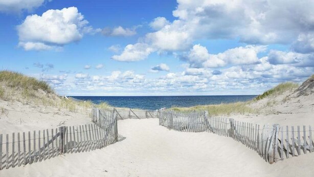 A sandy beach path leading to the ocean, with a wooden fence on both sides. - Renovated Waterfront Retreat | Inspiring Views | Walk to Beach, Dining, Shops (Provincetown)