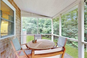 Outdoor dining - Spacious colonial home close to town with AC, porches, & W/D (Oak Bluffs)