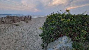 A sandy beach with a wooden fence and dense vegetation. - Private pool close to beach with cabana, grill, AC, patio, dog-friendly (Mashpee)