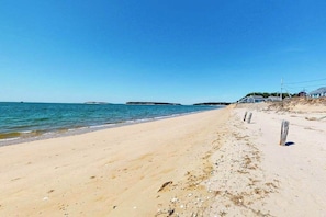 Ein sandiger Strand mit blauem Himmel, ruhiger See und einer fernen Insel.