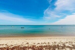 Une plage avec une eau claire, des bateaux et des algues sur le rivage.