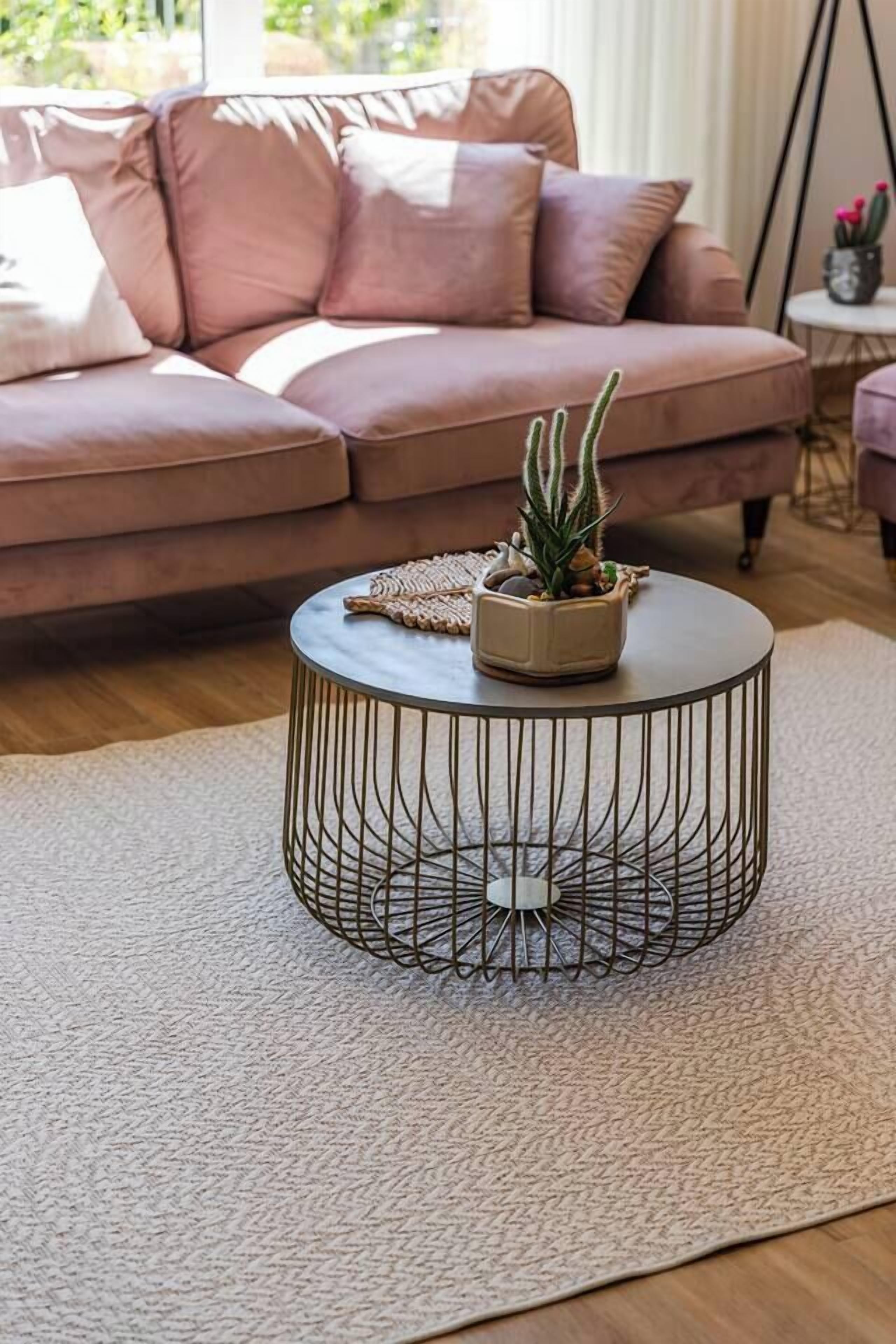 Una mesa de centro metálica redonda con un posavasos tejido, una planta en maceta y un cojín sobre una alfombra con textura.