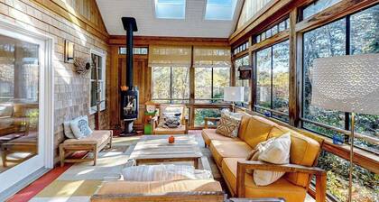 Dog-friendly, hilltop home near the beach with hot tub, firepit & gorgeous porch