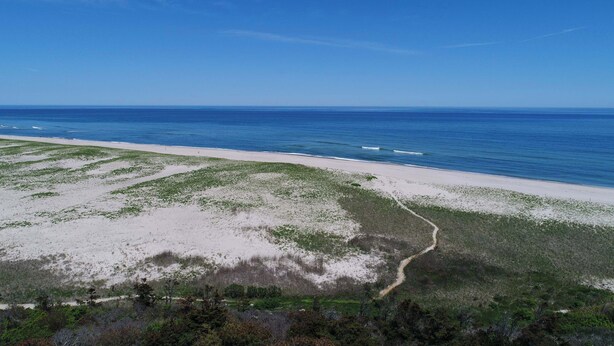 Paisaje costero con una playa arenosa, cielo azul despejado y un camino que lleva al agua.