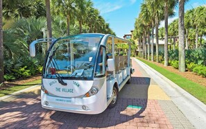 Un autobús blanco con la leyenda 'The Village' y 'Beach', estacionado en un camino pavimentado rodeado de palmeras.