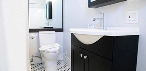 Shower, hair dryer, towels - Stylish dual studio escape in central location with fireplace, AC, & courtyard (Provincetown)