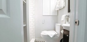 Shower, hair dryer, towels - Stylish dual studio escape in central location with fireplace, AC, & courtyard (Provincetown)
