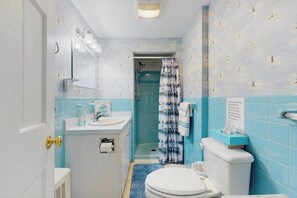 Shower, hair dryer, towels - Coastal Cape house close to the beach with full kitchen, yard, patio, W/D & AC (West Yarmouth)