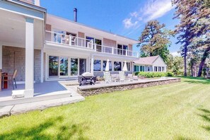 Terrace/patio - Luxe lakefront home on Follins Pond with private beach, amazing decks & yard (Yarmouth Port)