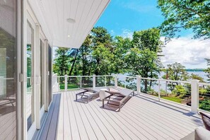 Terrace/patio - Luxe lakefront home on Follins Pond with private beach, amazing decks & yard (Yarmouth Port)
