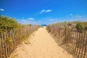 A sandy pathway flanked by wooden fences leading to a beach.