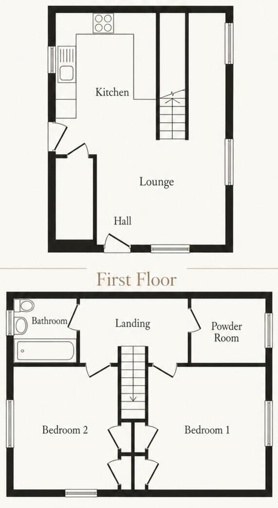 Un appartement situé au premier étage, comprenant une cuisine, un salon, un hall d’entrée, un espace de circulation, des toilettes et deux chambres.