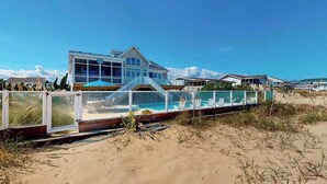 A beachfront property with a large house, a swimming pool, and a covered deck area. - Fantastic oceanfront home w/private pool & hot tub, WiFi, central AC, & deck (Virginia Beach)