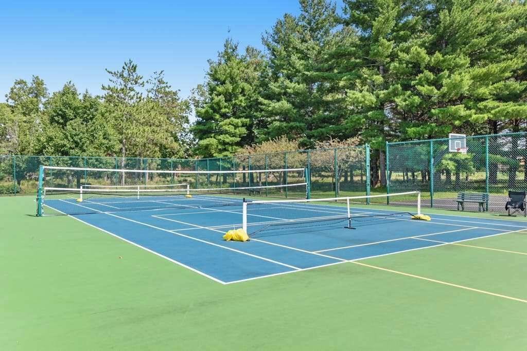 Pista de tennis amb xarxa, envoltada per una tanca i arbres.