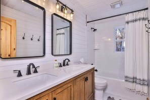 Shower, towels - Lakefront home with private dock, deck, fireplace, firepit, canoe & paddleboat (Sayner)