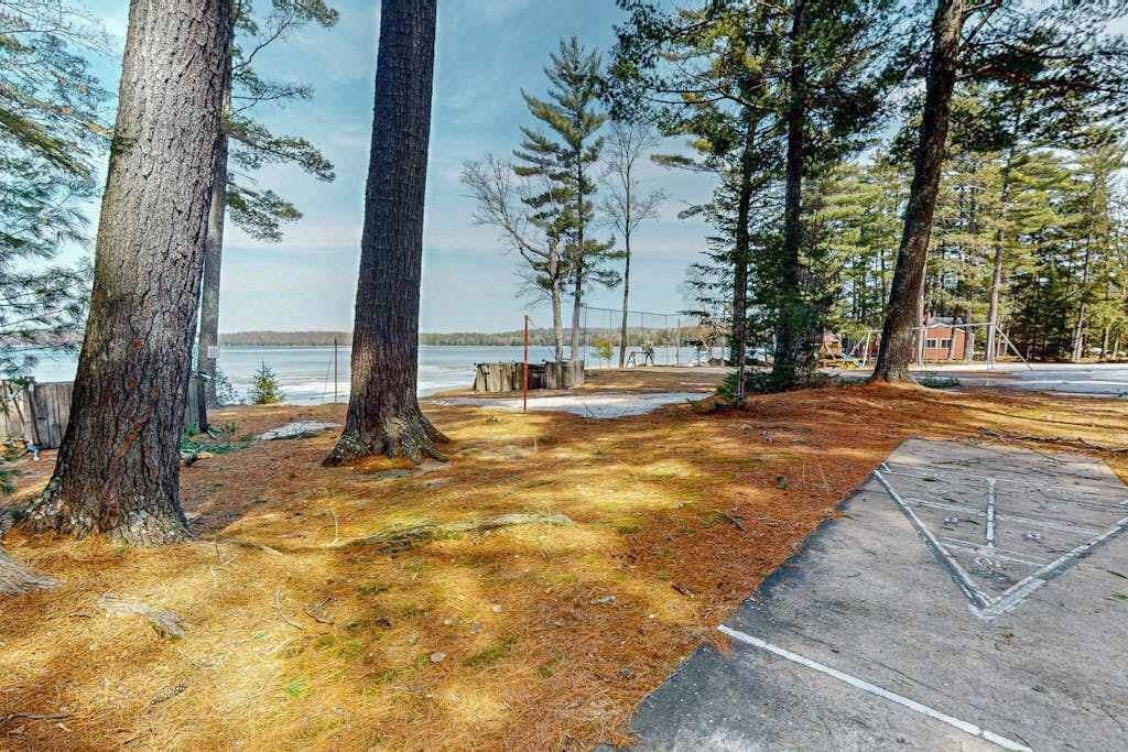 A park with tall trees, a concrete path, and a view of a body of water.