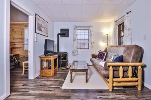 A living room with a sofa, a coffee table, a television, and a fireplace. - Lake view, dog-friendly cabin with porch & shared dock, swimming area, firepit (St. Germain)