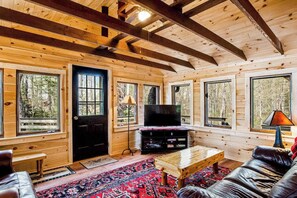 A log cabin interior with a television, sofa, and a patterned rug.